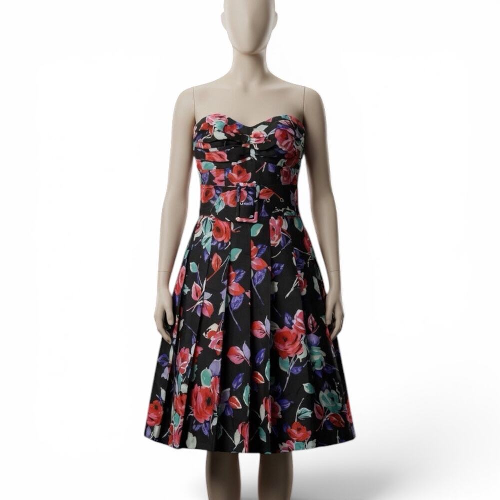 Express Black Strapless Silk Pleated Floral Vintage Dress Size 4